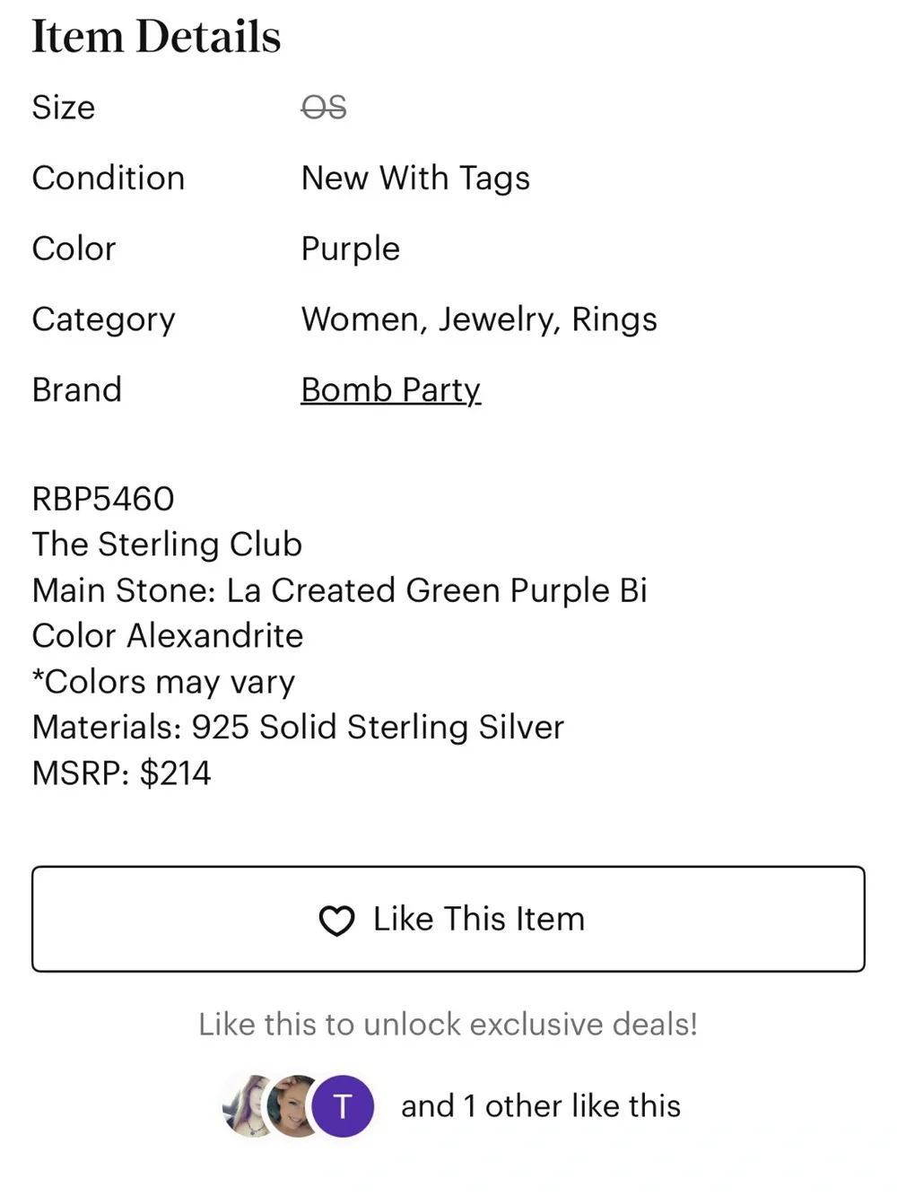 Bomb Party sz 7 NWT The Sterling Club solid .925 with Lab Alexandrite $214